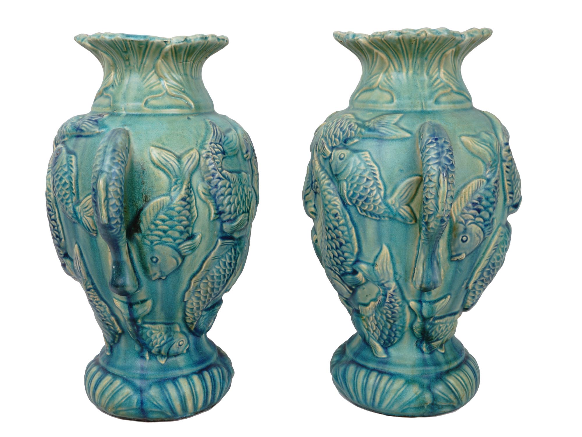 TWO LARGE JAPANESE CERAMIC VASES WITH FISH RELIEF PIC-2